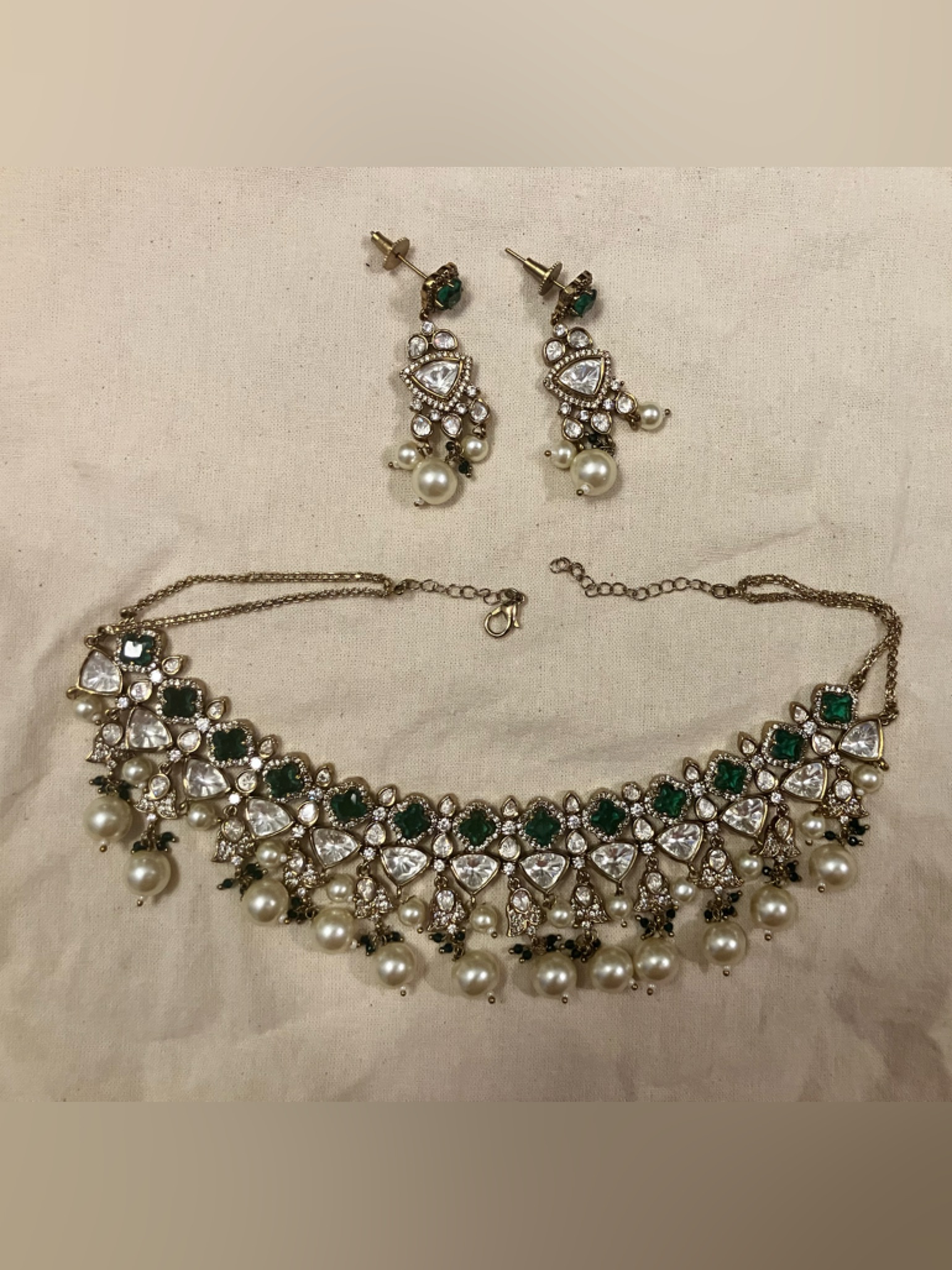 South Asian Gold Pearl And Emerald Necklace Chocker + Matching Earrings